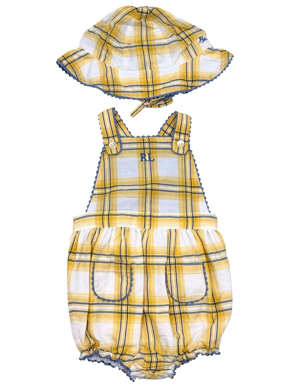 NWT Ralph Lauren Baby 2-Piece Plaid Cotton Dobby Romper & Sun Hat Set Size 6M